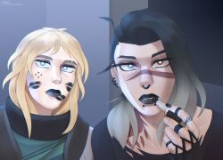 Rule 34 | 2girls, ahoge, applying makeup, applying own makeup, black hair, black lips, black nails, blonde hair, blue eyes, bright pupils, collarbone, curtained hair, deadlock (valorant), ear piercing, enpera, eyebrow cut, eyeshadow, face piercing, facial mark, fade (apex legends), fishnet gloves, fishnets, gloves, gradient hair, green shirt, henna, heterochromia, highres, implied after kiss, jacket, jewelry, lipstick, lipstick mark, lipstick mark on face, looking at mirror, makeup, medium hair, mirror, mole, mole under eye, multicolored hair, multiple girls, multiple rings, nose piercing, nose ring, open clothes, open jacket, piercing, pov, ring, scarf, sentlau, shirt, snakebite (piercing), tattoo, turtleneck, upper body, valorant, white pupils, yuri