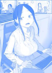 0_0 1girl 4boys ^^^ blue_theme blush breasts chair clock commentary_request computer earrings getsuyoubi_no_tawawa highres himura_kiseki jewelry joushi-chan_(tawawa) laptop large_breasts long_hair long_sleeves looking_at_viewer monochrome multiple_boys office_lady on_chair open_mouth pov shirt sidelocks sitting tears thumbs_up