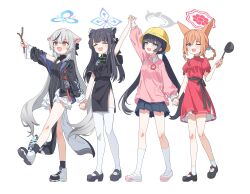 4girls animal_ears arm_up black_dress black_hair black_jacket black_shoes black_socks blue_archive closed_eyes collared_shirt dress full_body grey_hair halo hand_up hat highres holding holding_hands jacket kisaki_(blue_archive) kisaki_(kindergarten_uniform)_(blue_archive) kneehighs kokona_(blue_archive) long_hair long_sleeves looking_ahead multicolored_hair multiple_girls open_clothes open_jacket open_mouth orange_hair pink_shirt red_dress rumi_(blue_archive) rumi_(small)_(blue_archive) seero shirt shoes short_sleeves shun_(blue_archive) shun_(small)_(blue_archive) siblings simple_background sisters skirt smile socks streaked_hair thighhighs twintails walking white_background white_shoes white_thighhighs yellow_hat