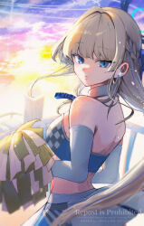 Rule 34 | 1girl, absurdres, alternate costume, bare shoulders, blue archive, blue eyes, blue sports bra, braid, earrings, elbow gloves, gloves, highres, holding, holding pom poms, jewelry, koyuuuuuuuuuuu, long hair, looking at viewer, millennium cheerleader outfit (blue archive), parted lips, pom pom (cheerleading), pom poms, skirt, solo, sports bra, stud earrings, toki (blue archive), white gloves, white skirt