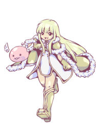 Rule 34 | 1girl, :3, angeling, black eyes, blonde hair, boots, brown boots, brown cape, brown gloves, cape, commentary request, dress, full body, fur-trimmed cape, fur trim, gloves, high wizard (ragnarok online), long hair, looking at viewer, open mouth, pazy, ragnarok online, simple background, slime (creature), smile, solo, walking, white background, white dress