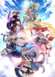 5girls alternate_color arm_under_breasts arm_up armor armored_boots armpits belt black-framed_eyewear black_belt black_cape black_gloves black_leotard black_necktie black_scarf black_thighhighs blazer blue_background blue_cape blue_dress blue_eyes blue_gloves blue_hair blue_shirt blue_skirt blue_sky blue_thighhighs blue_wings blush boobplate book boots breastplate breasts brown_gloves brown_hair brown_shorts brown_socks cape chain cleavage closed_mouth cloud cloud_print collared_shirt commentary commission cowboy_shot crown dagger dress elbow_gloves english_commentary feathered_wings feet_out_of_frame ferlanoppa fingerless_gloves full_body fur-trimmed_cape fur-trimmed_gloves fur_trim gauntlets genetic_(ragnarok_online) glasses gloves gold_trim grey_skirt guillotine_cross_(ragnarok_online) hat head_wings high_wizard_(ragnarok_online) holding holding_dagger holding_knife holding_removed_eyewear holding_sword holding_weapon jacket knee_up knife large_breasts layered_dress leotard long_hair long_sleeves looking_at_viewer medium_breasts miniskirt multiple_girls necktie official_alternate_costume open_book open_mouth orange_hair oversized_hat pauldrons print_shirt purple_eyes ragnarok_online red_eyes rune_knight_(ragnarok_online) scarf shirt short_dress short_hair shorts shoulder_armor skirt sky small_breasts smile socks star_emperor_(ragnarok_online) strapless strapless_dress sword thighhighs two-tone_dress unworn_eyewear v very_long_hair visor_(armor) waist_cape weapon white_boots white_cape white_dress white_hair white_hat white_jacket white_shirt wings witch_hat zettai_ryouiki