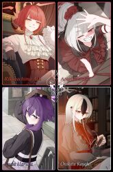 4girls absurdres aru_(blue_archive) beret black_dress black_hair black_horns black_shirt blue_archive blunt_bangs bow bowtie brown_bag brown_hat brown_horns character_name demon_horns dress ear_piercing frilled_dress frilled_shirt frilled_sleeves frills gloves grey_hair hair_between_eyes hair_bun half_gloves halo haruka_(blue_archive) hashtag-only_commentary hat highres hit_by_hit holding holding_removed_eyewear horns indoors kayoko_(blue_archive) long_hair looking_at_viewer multiple_girls mutsuki_(blue_archive) one_eye_closed orange_eyes piercing problem_solver_68_(blue_archive) purple_hair red_bow red_bowtie red_hair shirt short_hair sidelocks sitting smile standing unworn_eyewear white_shirt