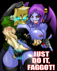 1boy 1girl 2-ch barbell_piercing bitard black_thighhighs blood breast_sucking clenched_teeth colored_skin creepy-tan demon_wings dominatrix electricity lightning mascot molniya-kun muscular muscular_male piercing purple_skin reach-around ru-chans russian_text skeenlangly teeth thighhighs wings