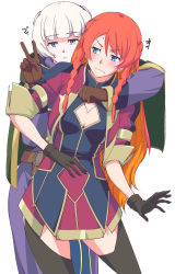 2girls :&lt; aqua_eyes belt black_gloves black_legwear blonde_hair blue_eyes blunt_bangs blush braid breasts brown_belt brown_gloves capelet cleavage cleavage_cutout closed_mouth clothing_cutout commentary_request cropped_jacket dress ear_piercing french_braid gloves green_capelet highres hug hug_from_behind jacket long_hair long_sleeves looking_at_another looking_at_viewer medium_breasts meteora_osterreich multicolored_hair multiple_girls open_clothes open_jacket orange_hair piercing purple_dress re:creators selesia_upitiria short_hair simple_background sleeves_rolled_up touge_hiro twin_braids two-tone_hair v very_long_hair white_background white_hair