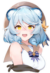1girl :d andychen animal_ears blue_bow blue_bowtie blue_hair blush bow bowtie brown_sailor_collar copyright_request cropped_torso fang hair_between_eyes hat highres indie_virtual_youtuber medium_hair open_mouth revision sailor_collar shirt simple_background skin_fang sleeveless sleeveless_shirt smile solo tearing_up upper_body virtual_youtuber white_background white_shirt yellow_eyes