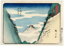 19th_century 1boy ando_hiroshige blue_sky cloud fine_art_parody gradient_sky highres japan japanese_text landscape mount_fuji mountain nihonga original outdoors parody scenery sky stone_lantern thirty-six_views_of_mount_fuji_(hiroshige) torii traditional_media translation_request tree ukiyo-e valley volcano