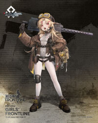 Rule 34 | 1girl, ankle boots, as109, backpack, bag, bare shoulders, black choker, black gloves, blonde hair, boots, brown bag, brown boots, brown coat, brown headwear, browning m1919, buckle, character name, chin strap, choker, coat, commentary, copyright name, english commentary, full body, girls&#039; frontline, gloves, goggles, goggles on headwear, grey leotard, gun, hair ornament, hairclip, headset, helmet, highres, holding, holding gun, holding weapon, knee pads, knife, knife sheath, leotard, light blush, long hair, long sleeves, m1919a4 (girls&#039; frontline), m1919a4 (mod3) (girls&#039; frontline), machine gun, medium machine gun, no pants, off shoulder, official alternate costume, official art, open mouth, over shoulder, pantyhose, parted bangs, pouch, red eyes, second-party source, sheath, single knee pad, snap-fit buckle, solo, standing, two-sided coat, two-sided fabric, weapon, weapon over shoulder, white pantyhose, yellow-framed eyewear, zipper, zipper leotard, zipper pull tab