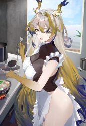 1girl :d absurdres alternate_costume apron arknights bare_shoulders blonde_hair blue_eyes bottomless chinese_commentary colored_extremities commentary_request cooking cowboy_shot dragon_girl dragon_horns enmaided frills grey_hair hair_between_eyes hair_intakes highres holding holding_ladle horns ladle long_hair looking_at_viewer maid maid_apron mikuning multicolored_hair open_mouth pointy_ears purple_hair shu_(arknights) sleeveless smile solo standing turtleneck very_long_hair white_apron