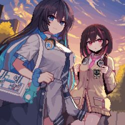 2girls bag black_hair black_survival blue_hair blue_scrunchie brown_cardigan cardigan colored_inner_hair debi_(after_school)_(black_survival) eternal_return:_black_survival grey_shirt headphones headphones_around_neck long_hair long_sleeves looking_at_viewer marlene_(after_school)_(black_survival) multicolored_hair multiple_girls official_alternate_costume orange_sky pink_hair pixel_art school_bag scrunchie shirt short_hair short_sleeves sky tinia_etru tree wrist_scrunchie