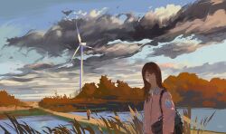 1boy 1girl blue_sky brown_eyes brown_hair cloud cloudy_sky day grass looking_at_viewer original river riverbank sky slow_d tall_grass wind_turbine windmill