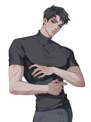 1boy black_hair black_shirt closed_mouth commentary covered_collarbone cowboy_shot english_commentary fingernails grey_pants gwechul highres looking_down male_focus multiple_scars muscular muscular_male pants purple_eyes ryu_jaekwan scar scar_on_arm shirt short_hair short_sleeves solo white_background yum_606