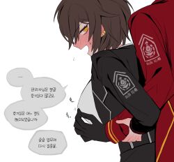 1boy 1girl black_gloves black_jacket blush breasts brown_eyes brown_hair coat dante_(limbus_company) dark-skinned_female dark_skin earrings gloves grabbing_another&#039;s_breast grabbing_from_behind groping hetero highres jacket jewelry korean_text large_breasts limbus_company long_sleeves multiple_earrings nipple_stimulation nipple_tweak open_mouth outis_(project_moon) project_moon red_coat shirt short_hair simple_background translation_request white_background white_shirt yippee