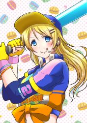 1girl :q ayase_eli baseball baseball_(love_live!) baseball_bat baseball_cap batting_stance blonde_hair blue_eyes blue_hat blue_jacket blush bracelet burger fingerless_gloves food gloves hair_ornament hairpin hat headset heart holding holding_baseball_bat jacket jewelry layered_sleeves long_hair long_sleeves looking_at_viewer love_live! love_live!_school_idol_festival love_live!_school_idol_project metal_baseball_bat midriff multiple_bracelets multiple_hairpins orange_ribbon pink_background polka_dot polka_dot_background poruporu ribbon shirt short_over_long_sleeves short_sleeves smile solo star_(symbol) tongue tongue_out two-tone_background two-tone_shirt upper_body white_background wristband yellow_gloves