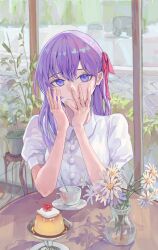 Rule 34 | 1girl, absurdres, blacky1266859, commentary, cup, fate/stay night, fate (series), flower, food, hair ribbon, hands up, heaven&#039;s feel, highres, light smile, long hair, looking at viewer, matou sakura, pudding, purple eyes, purple hair, red ribbon, ribbon, shirt, short sleeves, sitting, solo, table, teacup, white shirt