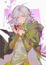 1boy absurdres blush cloak dungeon_meshi elf gorget green_cloak green_shirt grey_eyes grey_hair heart high_collar highres hood hooded_cloak long_sleeves male_focus medium_hair mithrun mithrun_(young) open_mouth pointy_ears shirt shuiyemusan smile solo tunic upper_body wavy_hair