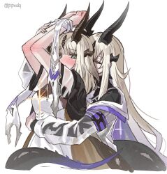 2girls arknights arm_up armband arms_up black_coat black_horns black_tail blunt_bangs bound bound_wrists breasts closed_eyes coat diffraction_spikes dragon_horns dragon_tail dress elbow_blush gradient_tail hand_blush hand_on_another&#039;s_arm hand_on_another&#039;s_waist highres horns hug hug_from_behind incest jacket light_in_heart long_hair long_sleeves long_tail looking_back medium_breasts medium_hair multiple_girls necrass_(arknights) official_alternate_costume open_clothes open_coat ppxdq purple_armband purple_tail reed_(arknights) reed_the_flame_shadow_(arknights) see-through_clothes see-through_jacket short_sleeves siblings sidelocks simple_background sisters tail twitter_username very_long_hair white_background white_dress white_hair white_jacket yuri