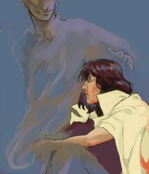 Rule 34 | 1boy, 1girl, brown hair, cigarette, coat, collared shirt, elbows on knees, han sooyoung, highres, kim dokja, knees up, macaronijail, multicolored hair, objectification, omniscient reader&#039;s viewpoint, out of frame, partially colored, reaching, reaching towards another, shirt, sitting, smile, smoke, smoke trail, white coat