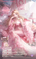 1girl antique_phone aphrodia_(shining_nikki) artist_request balloon bead_necklace beads bird blonde_hair blue_eyes bow bowtie bubble card_(medium) character_name closed_mouth commentary couch curtains dress earrings english_commentary english_text flamingo full_body fur-trimmed_dress fur_shawl fur_trim hair_bow hair_ornament hairclip hand_on_own_cheek hand_on_own_face happy heart heart_earrings highres jewelry lace-trimmed_bow lace_trim lamp layered_dress light_blush light_particles lipstick long_dress long_hair lovestruck_moment_(shining_nikki) makeup necklace nikki_(series) official_art on_couch pink_bow pink_bowtie pink_dress pink_lips pink_ribbon pink_shawl ribbon second-party_source shawl shining_nikki shirt sidelocks sitting sleeveless sleeveless_shirt smile solo sparkle wavy_hair white_dress