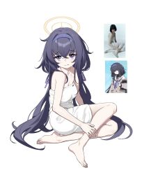 Rule 34 | 1girl, 2t (vmyz7342), absurdres, bad feet, bags under eyes, bare legs, barefoot, black hair, blue archive, blue eyes, blue hairband, breasts, cleavage, closed mouth, collarbone, crossed bangs, feet, full body, hair between eyes, hair ribbon, hairband, halo, hand on own leg, highres, legs, long hair, looking at viewer, low twintails, naked towel, photo-referenced, photo inset, purple ribbon, reference inset, ribbon, simple background, sitting, solo, toes, towel, twintails, ui (blue archive), very long hair, white background, yokozuwari