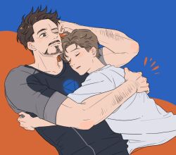 Rule 34 | 2boys, animification, arc reactor, black shirt, blue background, blush, brown eyes, brown hair, clenched hand, closed eyes, closed mouth, commentary request, facial hair, hand on another&#039;s back, hand on own head, hand up, hug, korean commentary, looking at another, lying, lying on person, male focus, marvel, marvel cinematic universe, multiple boys, on back, on stomach, one eye closed, open mouth, peter parker, shirt, short hair, short sleeves, simple background, sleeping, sosososnow, t-shirt, tony stark, white shirt