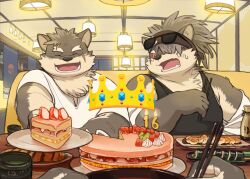 2boys 6xiachunqiu7 animal_ears bara birthday_cake black_tank_top brown_bandana cake cake_slice commentary crown dog_boy dog_ears dog_nose english_commentary facial_scar facing_viewer fangs food furry furry_male hair_over_one_eye highres incoming_gift looking_at_another male_focus moritaka_(housamo) multiple_boys open_mouth scar scar_across_eyebrow scar_on_cheek scar_on_face scar_on_nose shino_(housamo) shirt sitting smile sunglasses sushi sweatdrop tank_top tokyo_houkago_summoners white_shirt