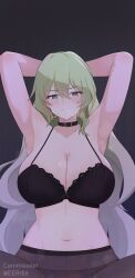 1girl armpits arms_behind_head belt_collar black_background black_bra black_panties black_pantyhose blush bra breasts collar commentary commission english_commentary eruda_erudia green_hair highres honkai_(series) honkai_impact_3rd huge_breasts large_breasts long_hair mobius_(honkai_impact) navel panties pantyhose slit_pupils solo stomach twitter_username underwear very_long_hair