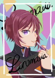 Rule 34 | 1girl, absurdres, ahoge, applying makeup, character name, compass uniform, gundam, gundam seed, gundam seed freedom, highres, lipstick, looking at viewer, lunamaria hawke, makeup, military uniform, purple eyes, red hair, red uniform, short hair, smile, user kunf8626