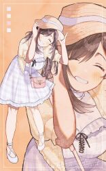 Rule 34 | 1girl, 965ma mogumogu, ^ ^, absurdres, bag, blue dress, breasts, brown hair, closed eyes, color guide, dot nose, dress, eyelashes, frilled dress, frilled jacket, frills, grin, handbag, hands on headwear, hat, highres, idolmaster, idolmaster shiny colors, jacket, large breasts, light blush, long hair, long sleeves, official alternate costume, open mouth, pink bag, plaid clothes, plaid dress, puffy sleeves, shoes, short sleeves, smile, solo, straw hat, swept bangs, teeth, tsukioka kogane, white jacket, white shoes, zoom layer