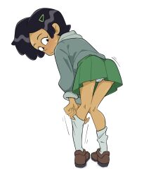 1girl amphibia black_hair brown_footwear dark-skinned_female dark_skin from_behind full_body green_skirt hair_ornament hairclip highres hood hoodie leaning_forward looking_back marcy_wu nervous panties pleated_skirt short_hair skirt socks sweatdrop thrumbo_(artist) underwear white_background