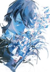 1girl blue_theme choker closed_mouth collared_shirt cropped_torso earrings flower gekkoukan_high_school_uniform gou_tou21081 hashtag-only_commentary highres jewelry lips looking_down pearl_earrings persona persona_3 pink_flower school_uniform shirt short_hair solo stud_earrings takeba_yukari upper_body white_background white_choker white_shirt