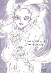 1girl absurdres facing_viewer great_fairy_(zelda) hand_on_own_cheek hand_on_own_face hand_on_own_knee highres ivy long_hair looking_at_viewer mole nintendo pointy_ears purple_background shrub_mtg sketch smile solo the_legend_of_zelda the_legend_of_zelda:_majora&#039;s_mask the_legend_of_zelda:_ocarina_of_time
