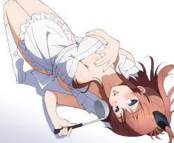 1girl apron bad_id bad_pixiv_id blue_eyes blush breasts brown_hair high_side_ponytail holding holding_ladle kantai_collection kneehighs ladle large_breasts long_hair naked_apron nel-c saratoga_(kancolle) side_ponytail socks solo tongue tongue_out upside-down white_apron white_background white_socks