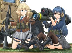 2girls absurdres anti-tank_missile assault_rifle black_footwear black_socks black_thighhighs blazer blonde_hair blue_eyes blue_hair blue_necktie blue_sweater boots brown_footwear brown_jacket closed_mouth combat_boots commentary_request dress_shirt explosive frown grenade grey_skirt gun hair_tie harness headphones highres holding holding_weapon hummer jacket kneehighs kneeling lace-up_boots long_hair long_sleeves looking_at_another looking_at_viewer low_twintails m16 m47_dragon medium_hair mikeran_(mikelan) miniskirt motor_vehicle multiple_girls necktie on_ground on_shoulder one_eye_closed open_mouth orange_eyes original plaid_clothes plaid_skirt pleated_skirt pointing red_necktie rifle school_uniform shadow shirt shoes sitting skirt sleeves_rolled_up smile socks sweater thigh_strap thighhighs tripod twintails v-neck weapon white_background white_shirt wing_collar