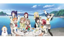 6+girls ahoge aqua_eyes arms_up artbook black_hair black_socks black_thighhighs blonde_hair blue_eyes blue_hair blue_sky blunt_bangs bow bowtie braid brown_hair closed_eyes cloud cup day dog drinking_straw eating flower food fruit grey_hair grey_skirt grin hair_bun hair_ornament hair_rings hairclip highres holding island kunikida_hanamaru kurosawa_dia kurosawa_ruby long_hair long_sleeves looking_at_viewer love_live! love_live!_sunshine!! mandarin_orange matsuura_kanan microphone mole mole_under_mouth mount_fuji mountain multiple_girls non-web_source ocean official_art ohara_mari one_eye_closed open_mouth orange_(fruit) orange_hair outdoors plate pleated_skirt ponytail purple_eyes purple_hair red_bow red_eyes red_hair sakurauchi_riko school_uniform serafuku short_hair sitting skirt sky smile socks table takami_chika thighhighs tree tsushima_yoshiko two_side_up uranohoshi_school_uniform watanabe_you water winter_uniform yellow_bow yellow_eyes zettai_ryouiki