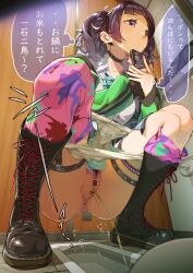 1girl absurdres amatsu_amaguri anus aqua_bow aqua_bowtie asymmetrical_legwear bar_censor bathroom black_boots black_collar black_hair blunt_bangs blunt_sidelocks boots bow bowtie breasts cellphone censored closed_mouth collar collarbone collared_shirt commentary_request dot_mouth dress_shirt earrings expressionless fingernails full_body gradient_hair green_jacket grey_hair grey_skirt hand_up hidden_camera highres holding holding_phone idolmaster idolmaster_shiny_colors indoors jacket jewelry knee_boots kneehighs long_hair long_sleeves looking_ahead menstrual_pad multicolored_hair multicolored_socks multicolored_thighhighs nail_polish open_clothes open_jacket panties panty_pull pee peeing phone plaid_clothes plaid_skirt pleated_skirt purple_eyes purple_nails pussy school_uniform shirt sidelocks skirt smartphone socks speech_bubble spiked_collar spikes squat_toilet squatting tanaka_mamimi thigh_strap thought_bubble tile_floor tiles toilet_use translation_request twintails underwear variant_set voyeurism white_panties white_shirt