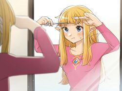 1girl blonde_hair blue_eyes blunt_bangs closed_mouth commentary_request cutting_hair cutting_own_hair dress highres holding holding_scissors light_blush long_hair long_sleeves looking_at_mirror maya_(mayamayammy) mirror nintendo pink_dress pointy_ears princess_zelda reflection reflection_focus scissors sidelocks sign solo sweat the_legend_of_zelda the_legend_of_zelda:_skyward_sword upper_body