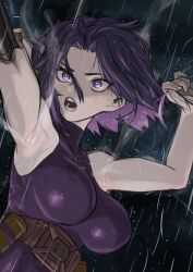 Rule 34 | 1girl, arm cannon, armpit crease, armpits, bare shoulders, belt, bodysuit, boku no hero academia, breasts, cloud, cloudy sky, dress, haishima xv, highres, lady nagant, large breasts, medium hair, multicolored hair, open mouth, pink hair, prosthetic weapon, purple eyes, purple hair, rain, skin tight, sky, sleeveless, sleeveless turtleneck, sleeveless turtleneck dress, solo, streaked hair, taut clothes, taut dress, turtleneck, turtleneck dress, two-tone hair, utility belt, weapon, wet