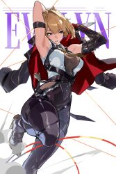 1girl absurdres arm_strap armpits arms_up black_pants blonde_hair breasts character_name chest_harness commentary elbow_gloves evelyn_chevalier gloves hair_up harness high-waist_pants high_heels highres holding holding_jacket holding_unworn_clothes jacket kuno_(runkunochan) leg_up looking_to_the_side medium_breasts mole mole_under_eye necktie pants parted_lips purple_eyes shirt single_elbow_glove sleeveless sleeveless_shirt solo tight_clothes tight_pants unworn_jacket white_background white_shirt yellow_necktie zenless_zone_zero