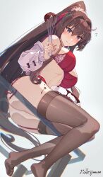 1girl against_glass alternate_costume ass ass_on_glass ass_press blush bowl bra breasts brown_hair brown_thighhighs chocolate cleavage commentary_request flower flying_sweatdrops garter_straps hair_between_eyes hair_flower hair_intakes hair_ornament highres himeyamato holding holding_whisk kantai_collection large_breasts long_hair long_sleeves looking_at_viewer panties pink_flower ponytail red_bra red_panties signature simple_background sitting solo table thighhighs underwear very_long_hair whisk yamato_(kancolle)