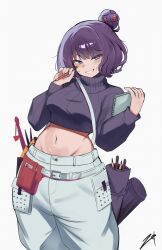 1girl blush breasts fate/grand_order fate_(series) grin hair_bun hair_ornament hairpin highres katsushika_hokusai_(fate) katsushika_hokusai_(over_the_same_sky)_(fate) long_sleeves looking_at_viewer medium_breasts midriff navel pants purple_eyes purple_hair short_hair single_hair_bun smile solo white_background white_pants zet_(twt_zet)