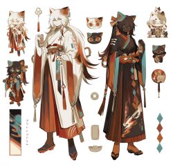 1boy 1girl black_socks brown_hair brown_kimono colored_skin dark_skin full_body furry furry_female furry_male highres japanese_clothes kimono original potettoe red_socks sandals simple_background socks white_background white_hair white_kimono white_skin