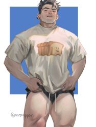 1boy absurdres bara beard_stubble commentary cowboy_shot english_commentary facial_hair highres large_pectorals looking_at_viewer male_focus muscular muscular_male noomppan original pectorals print_shirt shirt short_shorts shorts shorts_lift solo standing stubble thick_eyebrows thighs_together tsurime