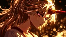 1girl black_background blonde_hair blurry blurry_background closed_mouth commentary glowing glowing_eyes horns hoshiguma_yuugi long_hair looking_at_viewer pointy_ears portrait red_eyes red_horns single_horn solo star_(symbol) touhou upper_body xiirus