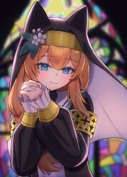 1girl absurdres black_dress black_veil blue_archive blue_eyes blurry blurry_background braid church commentary_request dress floating_clothes gold_armlet hair_between_eyes halo highres indoors interlocked_fingers light_blush long_hair long_sleeves looking_at_viewer mari_(blue_archive) onemune6 orange_hair own_hands_clasped own_hands_together puffy_long_sleeves puffy_sleeves sidelocks single_braid sleeve_cuffs smile solo two-tone_dress upper_body veil white_dress window yellow_halo