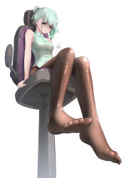 1girl absurdres aqua_hair bare_shoulders brown_pantyhose disgust feet from_below gradient_hair grey_hair hair_ornament hairclip highres indie_virtual_youtuber medium_hair mint_fantome multicolored_hair pantyhose ponytail shirt simple_background sitting sleeveless sleeveless_shirt solo syxh virtual_youtuber white_background x_hair_ornament