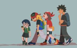 1girl 3boys animal animal_on_shoulder ash_ketchum backpack bag bandana black_hair blue_hair brock_(pokemon) brown_hair closed_eyes commentary_request exhausted fingerless_gloves gen_1_pokemon glasses gloves hand_on_own_chin hat highres max_(pokemon) may_(pokemon) multiple_boys nintendo open_mouth pikachu pokemon pokemon_(anime) pokemon_(creature) pokemon_rse_(anime) short_hair simple_background umebosibakari2 walking