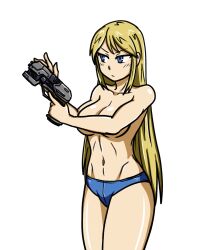 Rule 34 | 1girl, ahoge, arm across chest, bare arms, bare legs, bare shoulders, blonde hair, blue eyes, breasts, cameltoe, clenched hands, collarbone, convenient arm, energy gun, eyelashes, female focus, finger on trigger, groin, gun, hair down, hands up, hayato stuff, highres, holding, holding weapon, large breasts, legs, legs together, long hair, looking to the side, metroid, navel, neck, nintendo, official alternate hairstyle, panties, paralyzer, ray gun, samus aran, serious, sidelocks, simple background, standing, stomach, swept bangs, thighs, topless female, underwear, underwear only, v-shaped eyebrows, weapon, white background