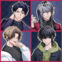 Rule 34 | 4boys, :p, black hair, black jacket, black shirt, blue background, blue eyes, border, brown hair, closed mouth, collar chain (jewelry), collared shirt, colored tips, column lineup, cover image, curtained hair, drop shadow, ear piercing, earclip, green eyes, green hoodie, grey eyes, grey hair, grid background, grin, hair between eyes, half updo, hand on own chin, hand on own neck, hand up, hood, hood down, hoodie, jacket, jewelry, lapels, long hair, male focus, mama katsu danshi, masaki sena, mole, mole under eye, multicolored hair, multiple boys, multiple rings, notched lapels, off shoulder, official art, open clothes, open jacket, orange eyes, outline, outside border, parted bangs, parted lips, piercing, portrait, purple jacket, red border, red jacket, ring, roots (hair), shirt, short hair, sideways glance, smile, suit jacket, teeth, tongue, tongue out, upper body, upper teeth only, v-shaped eyebrows, white jacket, yellow outline, zipper, zipper pull tab