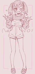 1girl blush brown_background collarbone commentary crocs full_body grin hands_up heart highres jigatei_(omijin) kiriyama_an long_sleeves looking_at_viewer mono_(afro) monochrome one_eye_closed overall_shorts overalls puffy_long_sleeves puffy_sleeves pulling_own_clothes romaji_text shirt short_eyebrows smile solo standing star_(symbol) strap_pull symbol-only_commentary thick_eyebrows translation_request twintails v-shaped_eyebrows